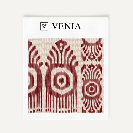 Dark red talisman eye upholstery fabric swatch by Venia Home