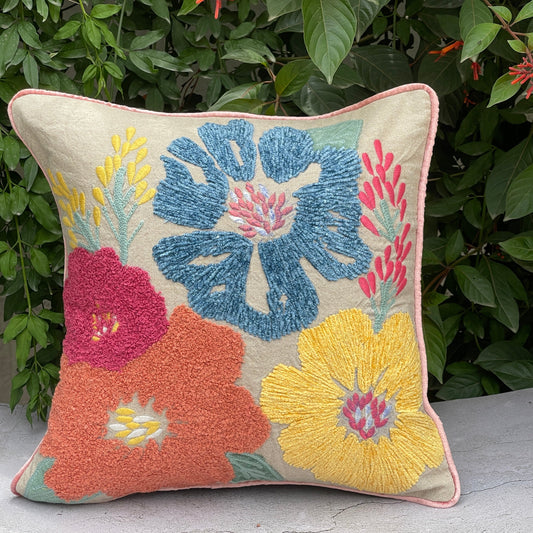 beautiful cushion cover with floral threadwork