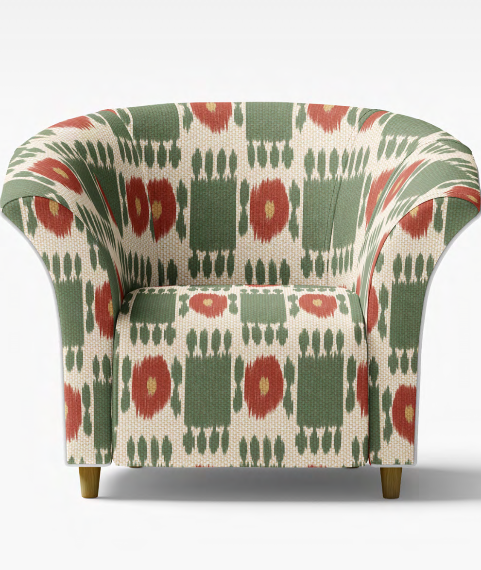 Close-up detail of sage and rust trellis stripe fabric