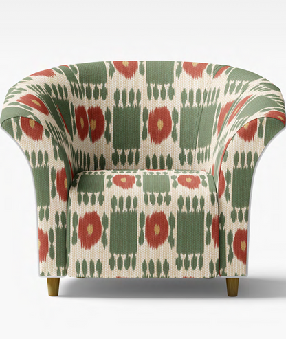 Close-up detail of sage and rust trellis stripe fabric