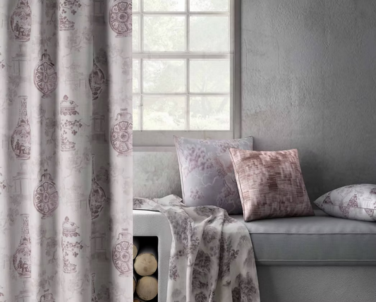 Ivory and burgundy Tsubo Japanese Shibui fabric as curtain with cushions