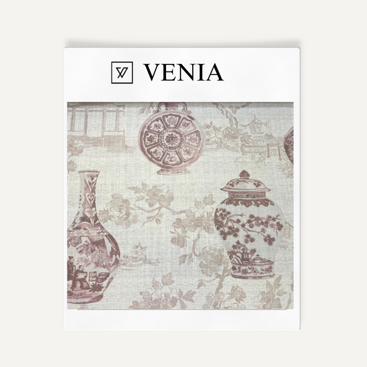 Ivory and burgundy Tsubo Japanese Shibui upholstery fabric swatch by Venia Home