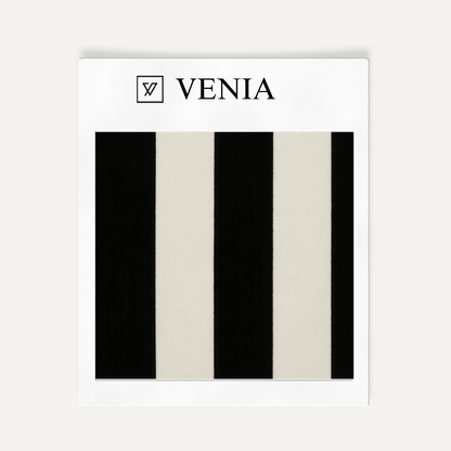 Black and white tuxedo stripe upholstery fabric swatch by Venia Home