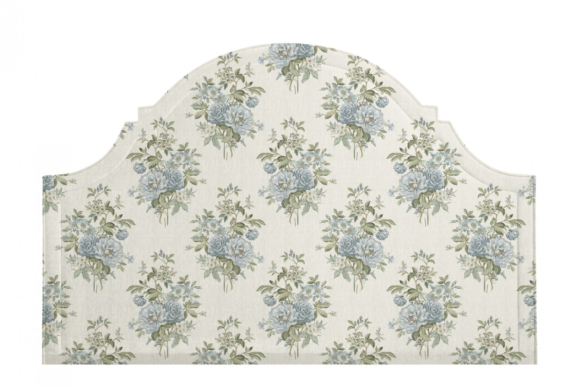 Baby blue vintage floral textile fabric on a headboard