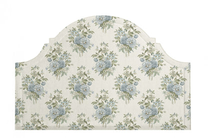 Baby blue vintage floral textile fabric on a headboard