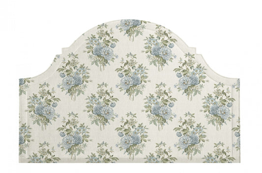 Baby blue vintage floral textile fabric on a headboard