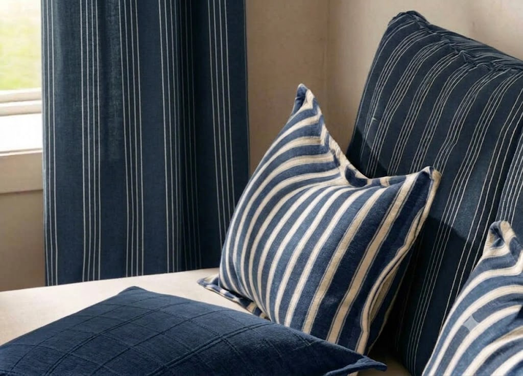 Close-up detail of blue vision stripes fabric