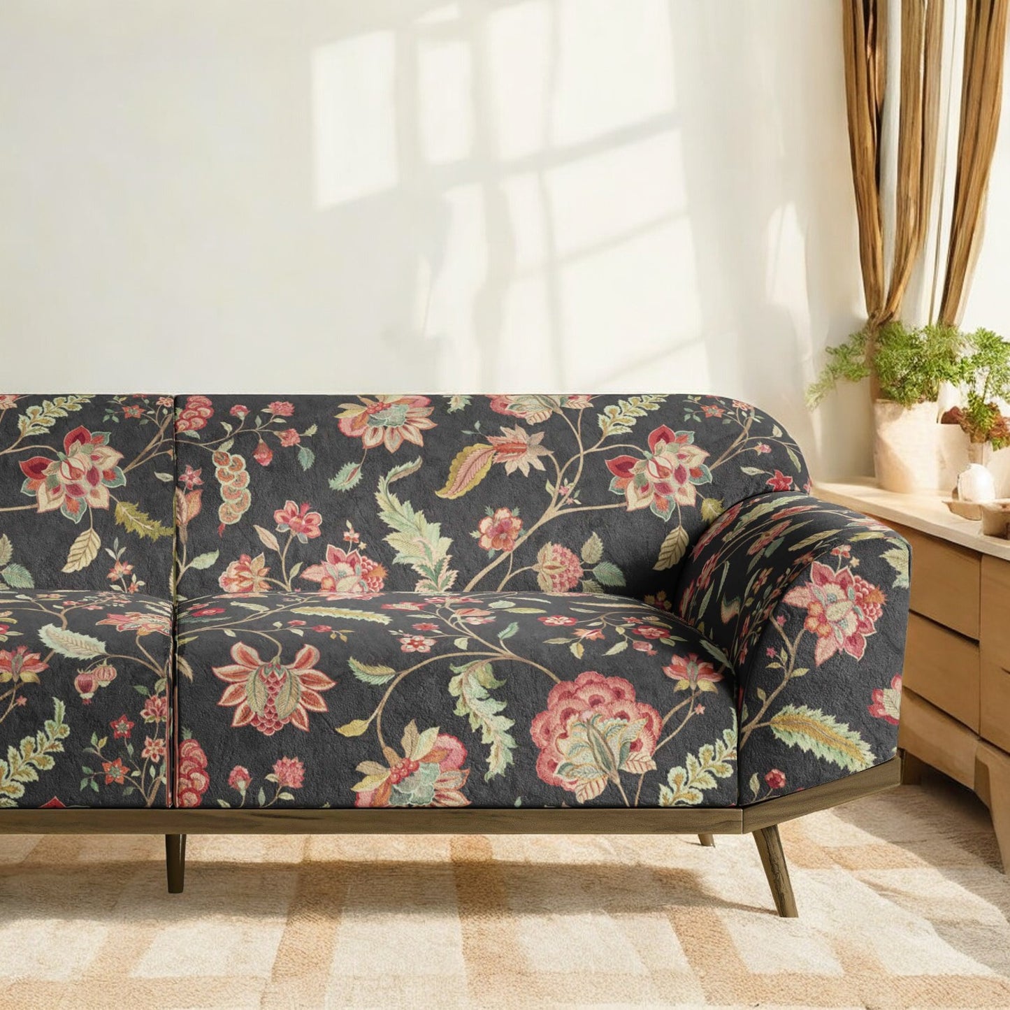 Charcoal whispering blossoms fabric curtain detail