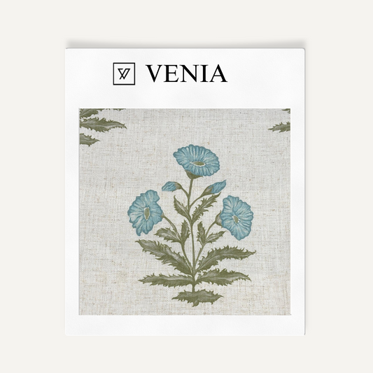 Blue flowers Wildflower Trail sheer linen curtain swatch by Venia Home