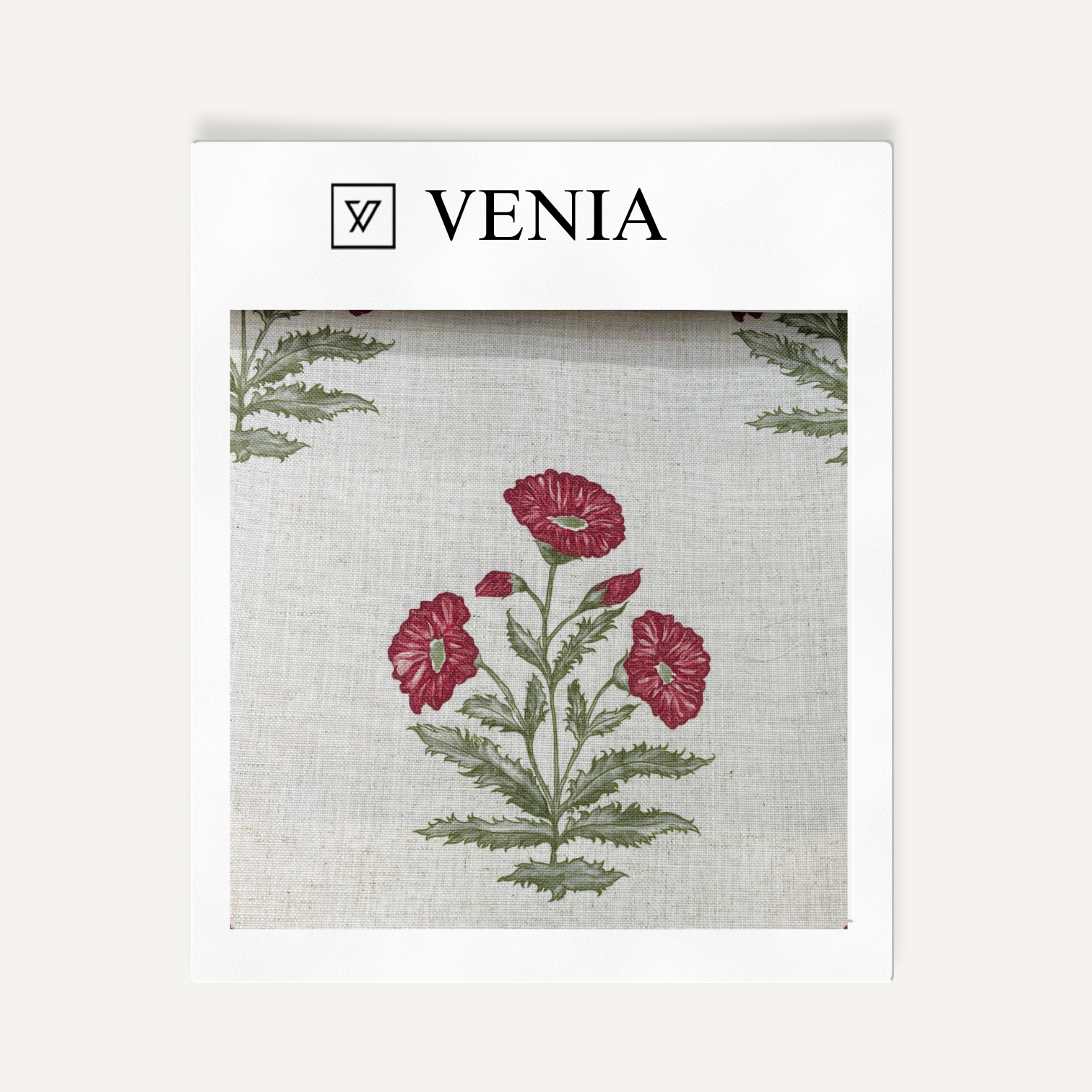 Crimson flowers Wildflower Trail sheer linen curtain swatch by Venia Home