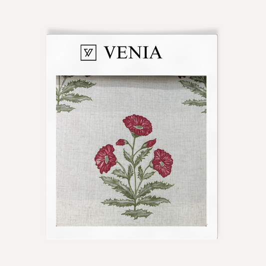 Crimson flowers Wildflower Trail sheer linen curtain swatch by Venia Home