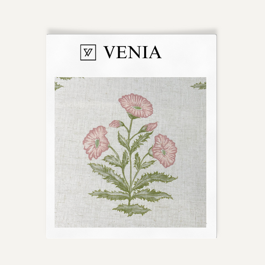 Pink flowers Wildflower Trail sheer linen curtain swatch by Venia Home
