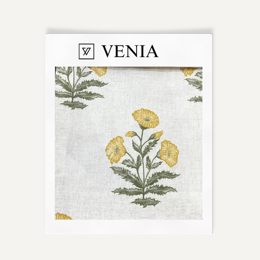 Yellow flowers Wildflower Trail sheer linen curtain swatch by Venia Home
