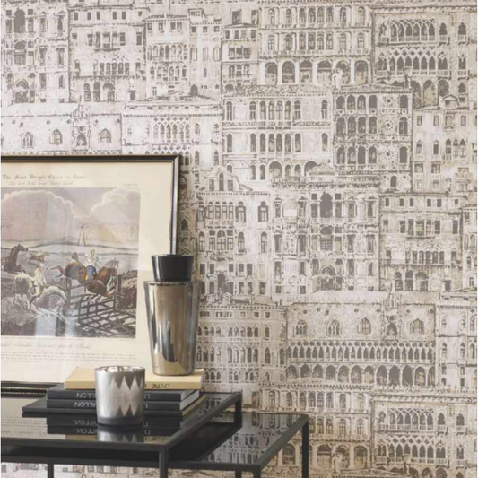 an office wall adorned with a grey wallpaper