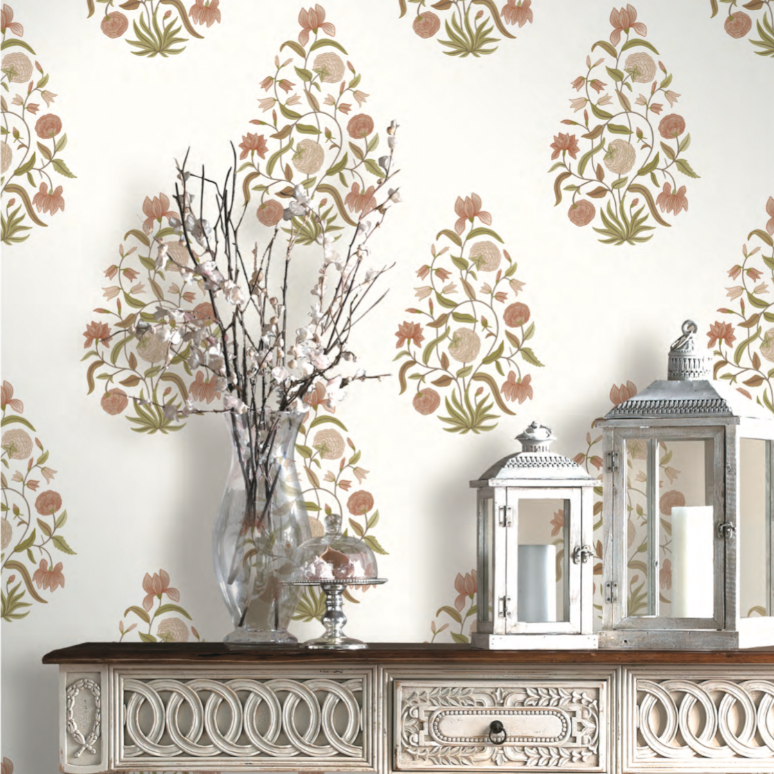 room adorned with heritage floral wallpaper